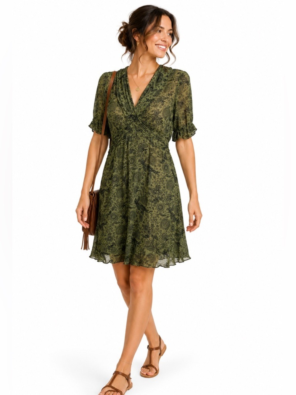ULF Anderson Green Size Medium Bloom Chic Midi Dress Floral Short Sleeve Pattern